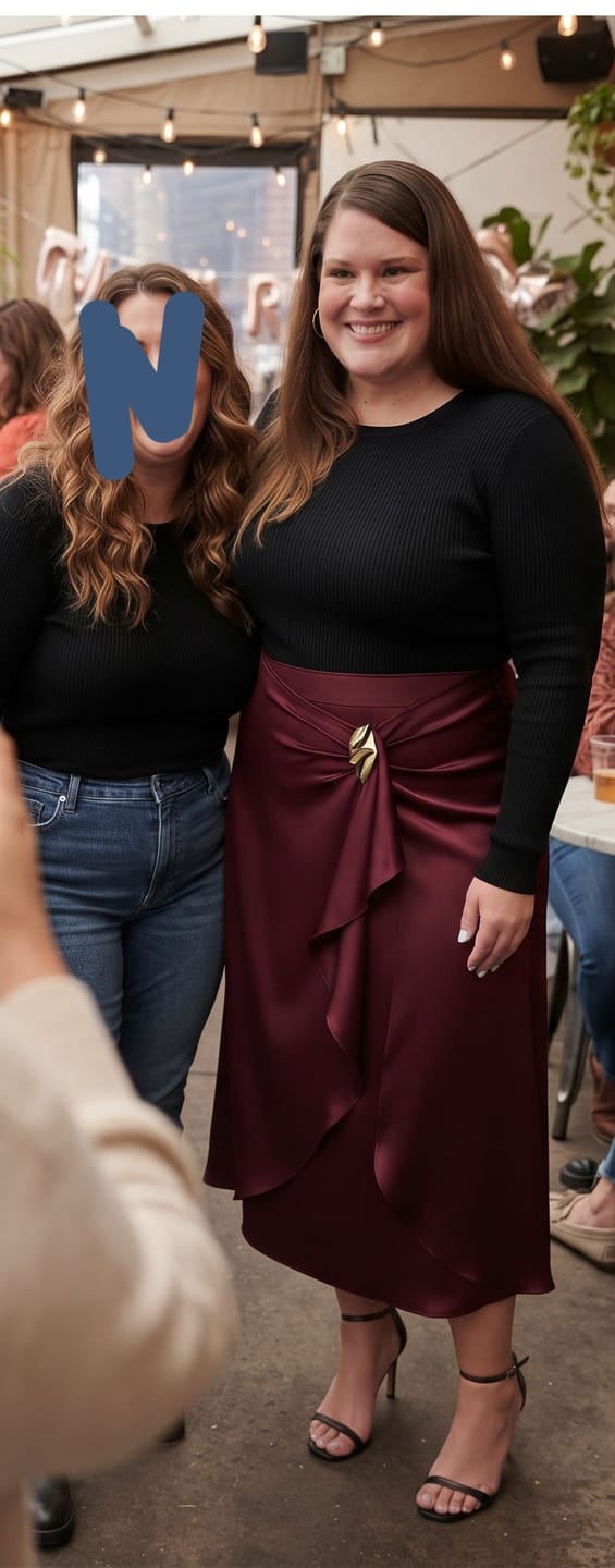 Customer photo review of Satin Midi Skirt with Gathered Front Drape and Buckle