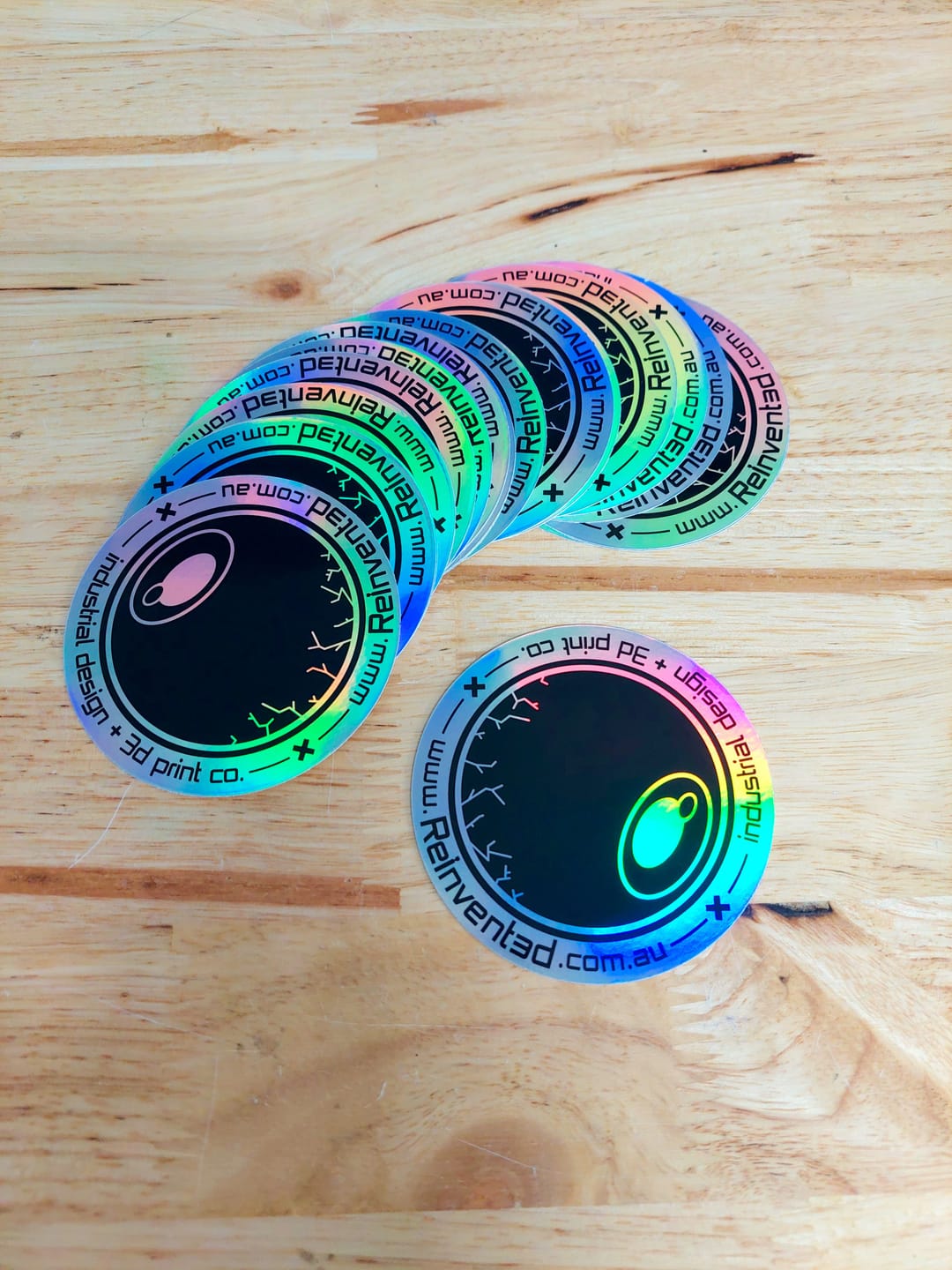 Customer photo review of Custom Circle Stickers - Holographic