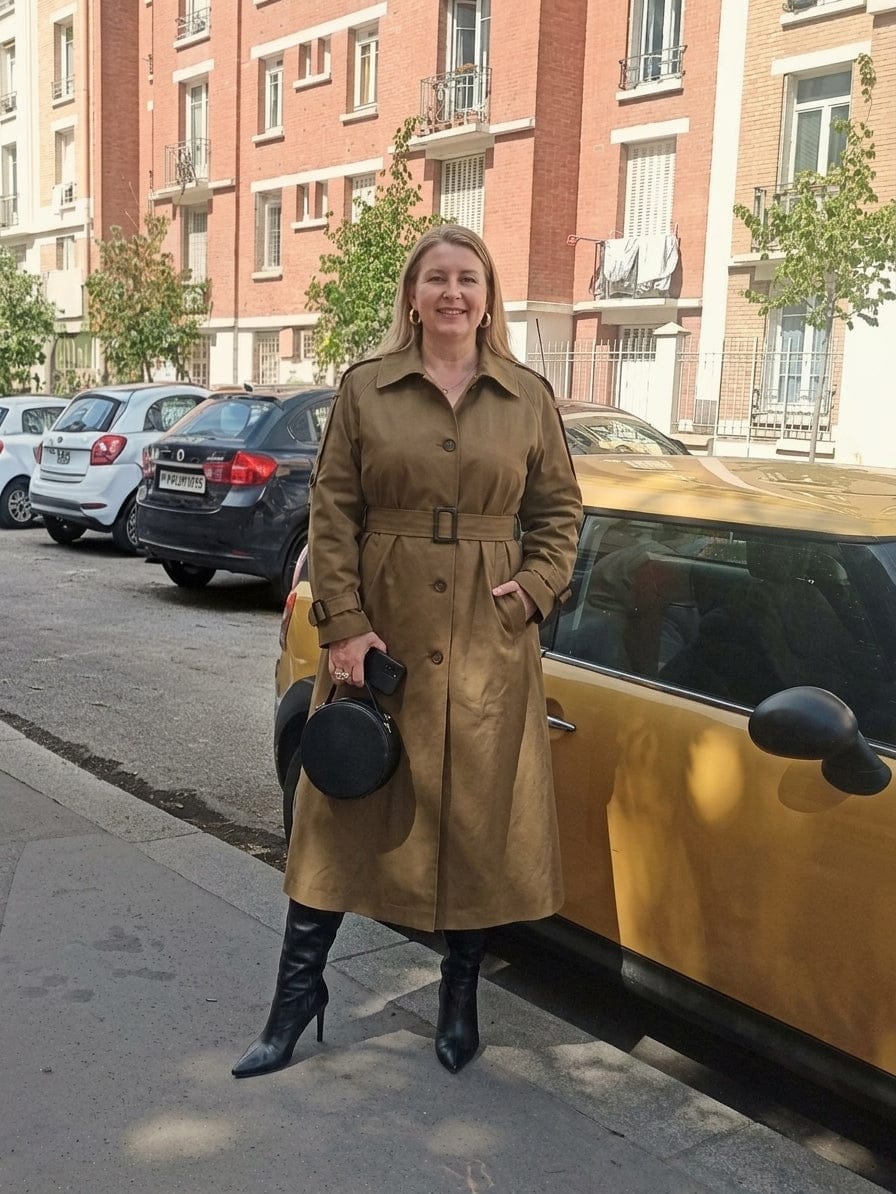 Customer photo review of Twill Long Trench Coat with Belt and Pockets