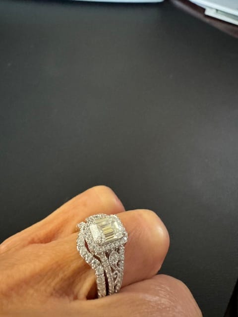 Customer photo review of Vintage Inspired Halo Emerald-Cut Moissanite Pave Engagement Ring