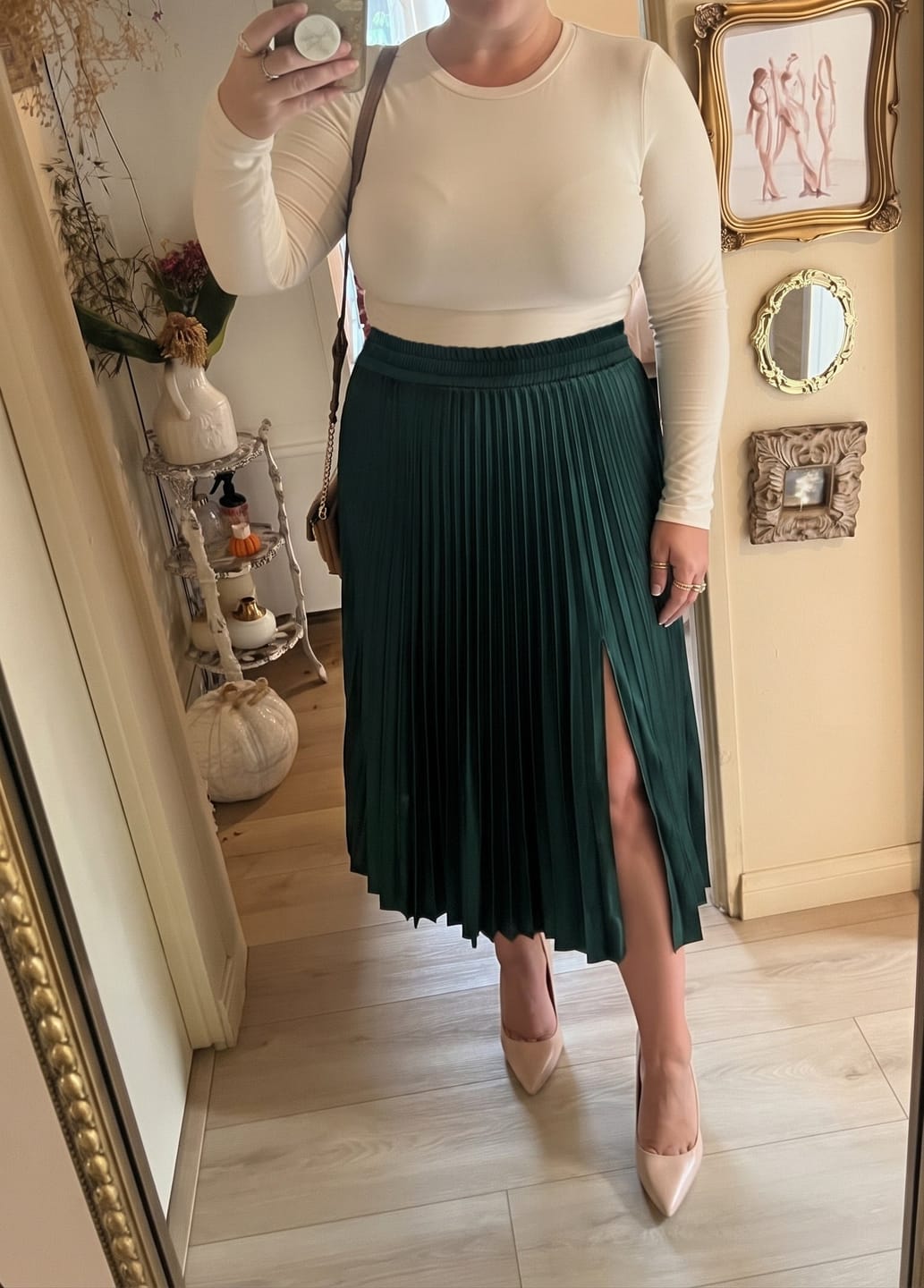 Customer photo review of Satin Pleated Midi Skirt with a High Slit