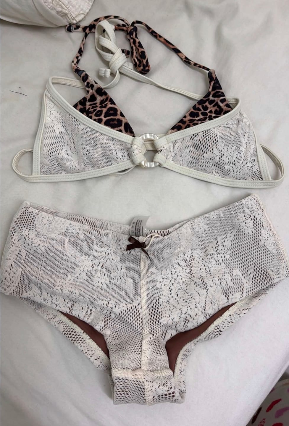Customer photo review of Crystal Cream Lace Leopard Print O Ring Double Layer Top & Cheeky Boyshorts Bikini Set