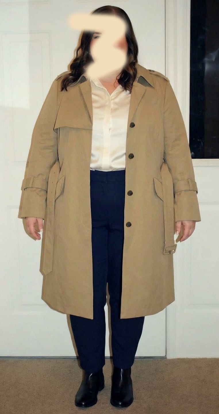 Customer photo review of Mid-Length Trench Coat with Fold-Over Collar