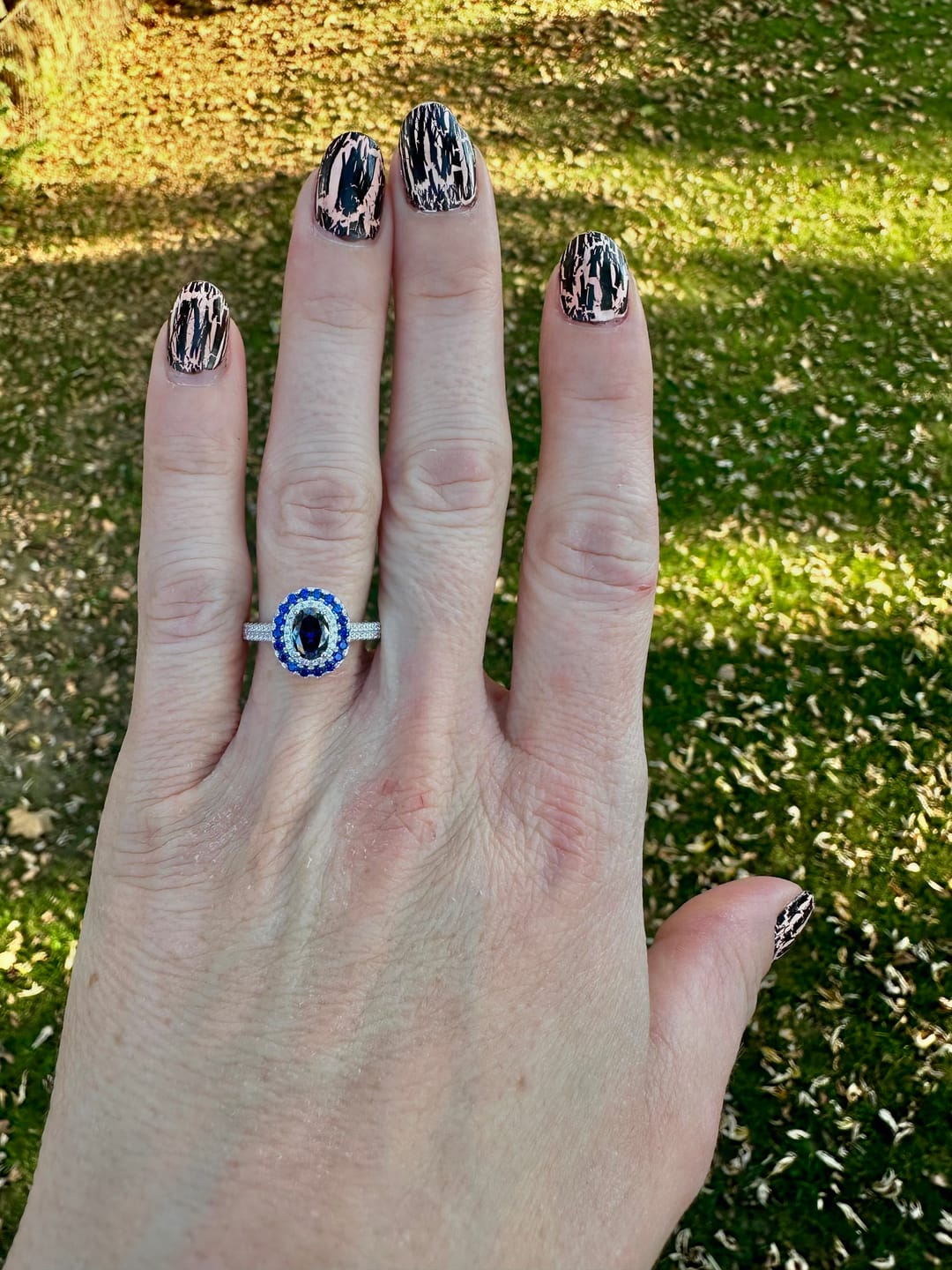 Customer photo review of Double Halo Oval Blue Moissanite Dual-Row Pave Engagement Ring