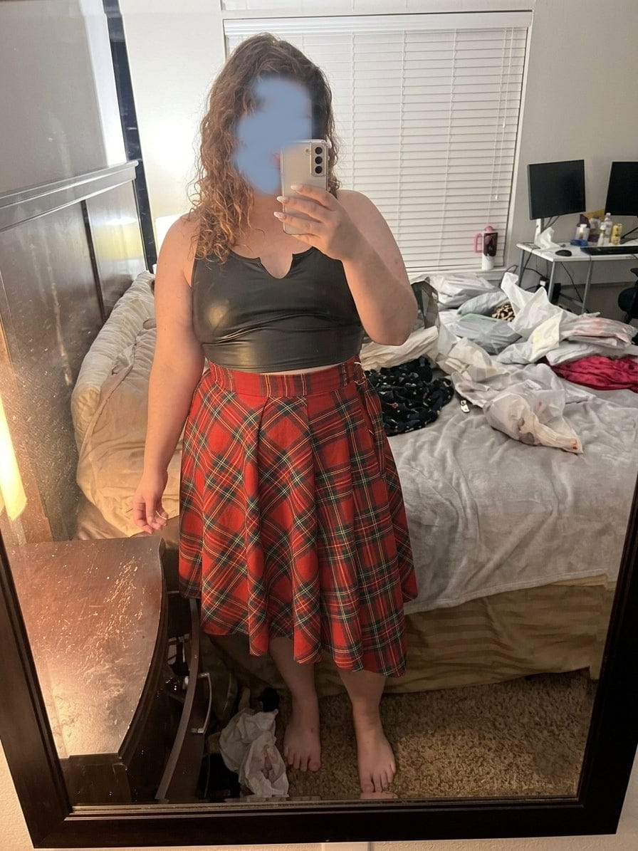 Customer photo review of Plaid Asymmetrical-Hem Wrap Skirt with Pockets