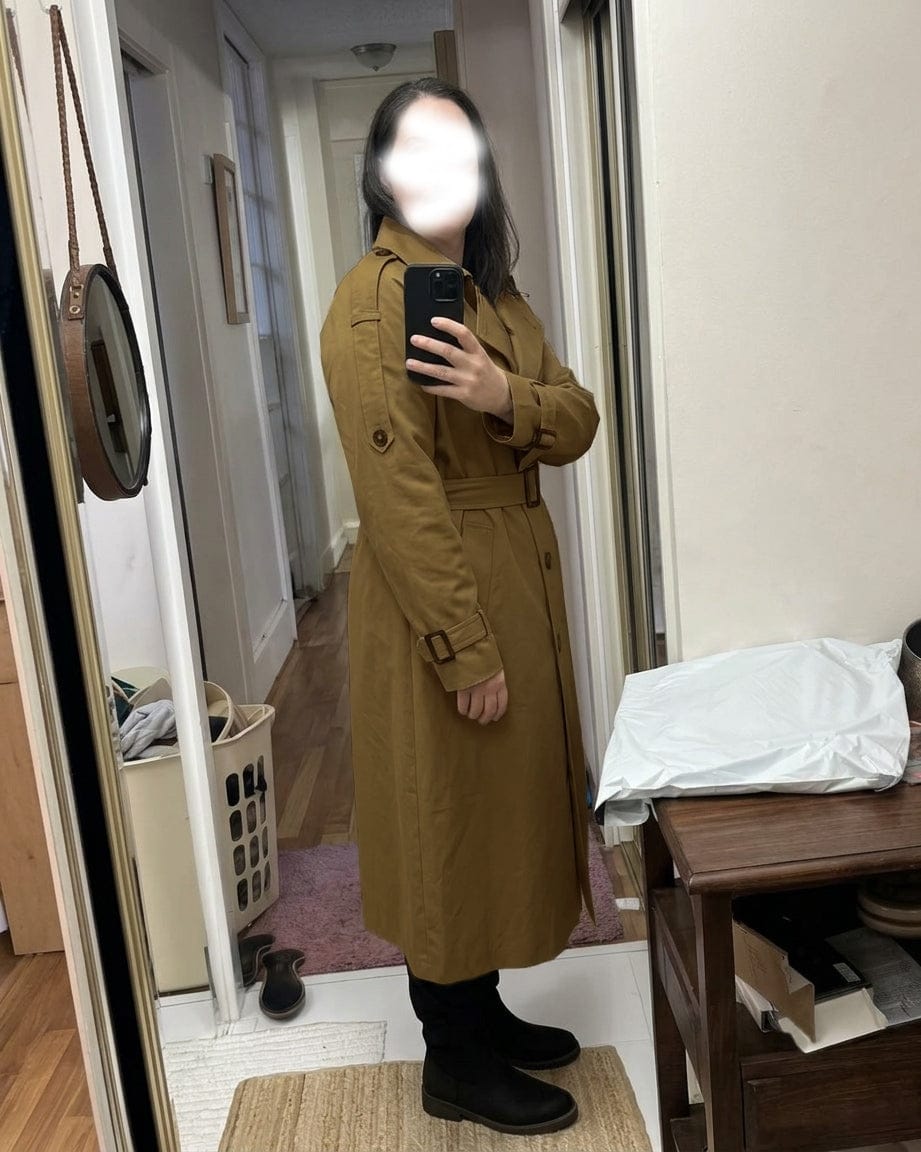 Customer photo review of Twill Long Trench Coat with Belt and Pockets