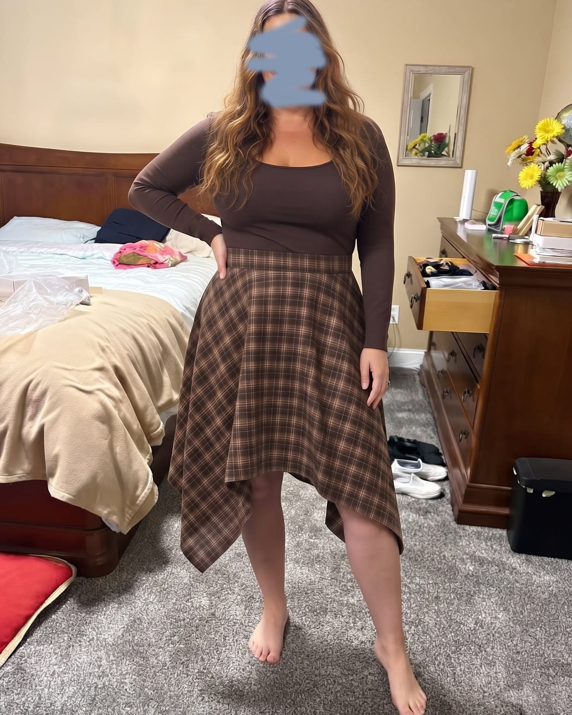Customer photo review of Plaid Handkerchief-Hem Midi Skirt with Pockets
