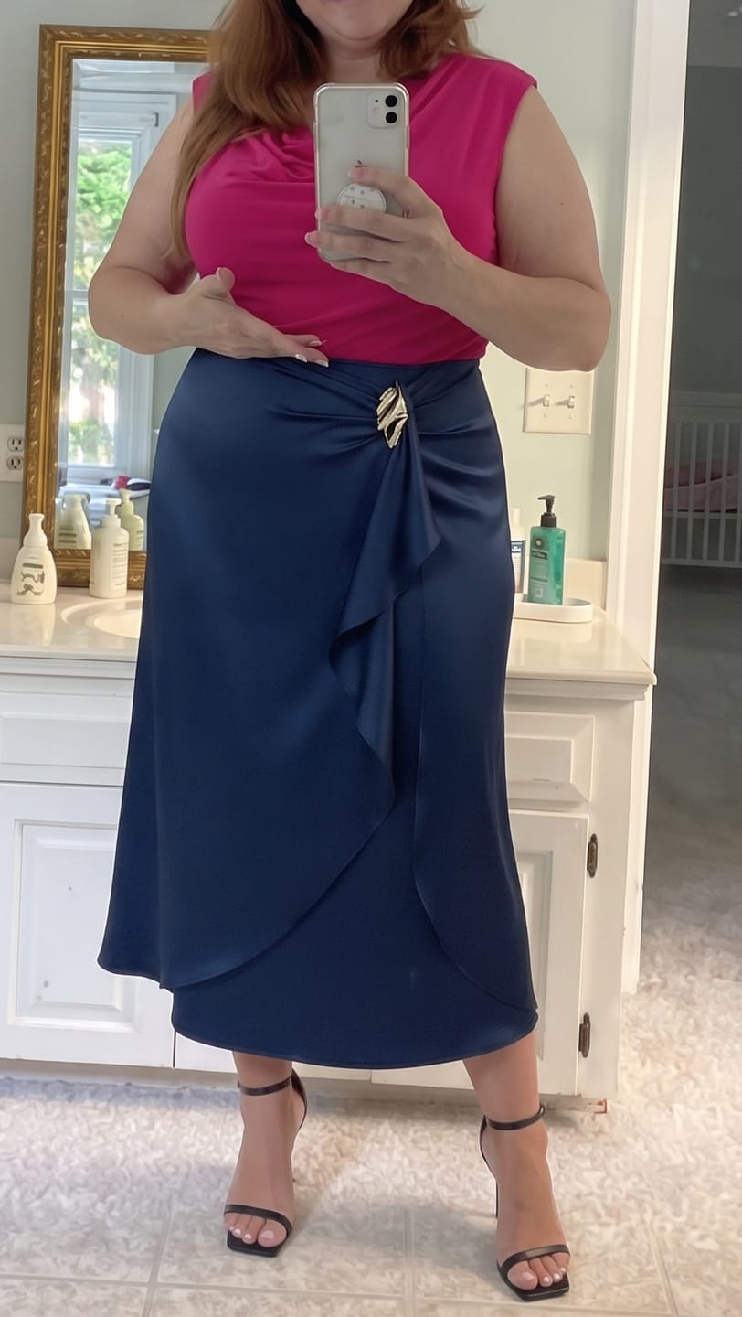 Customer photo review of Satin Midi Skirt with Gathered Front Drape and Buckle