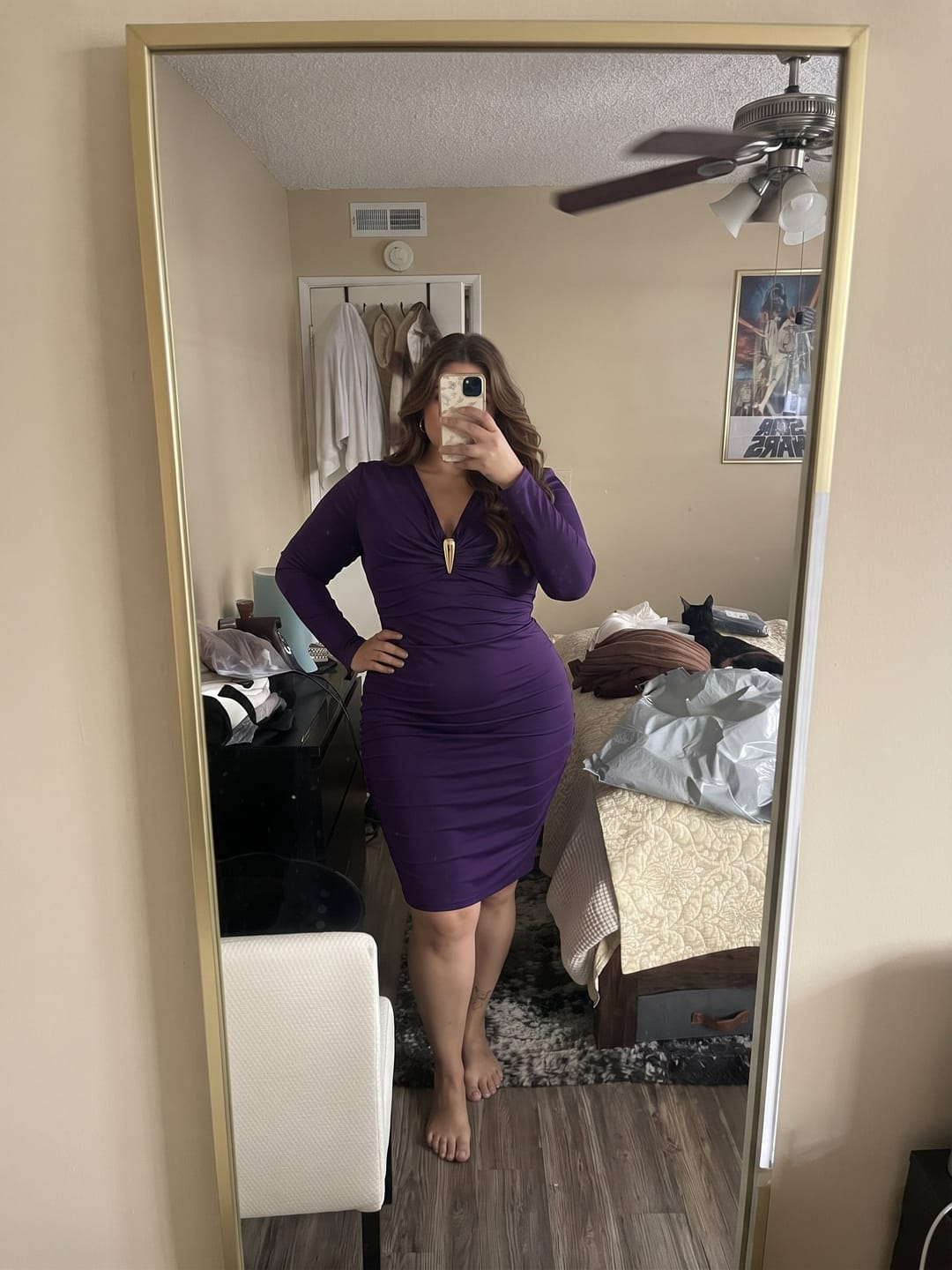 Customer photo review of V-Neck Long-Sleeve Bodycon Dress with Metallic Buckle