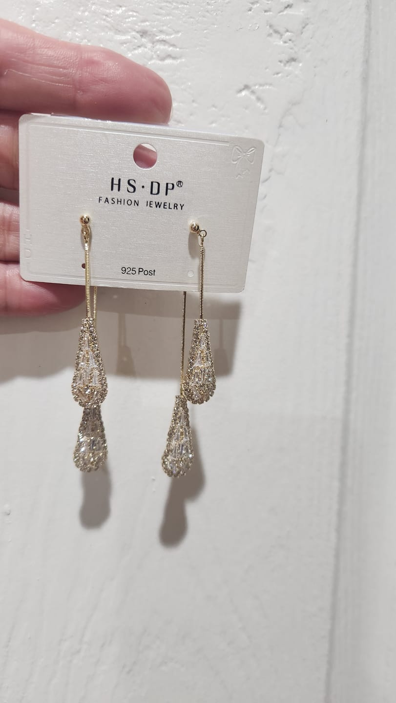Customer photo review of Double Layer Teardrop Full Diamond Long S925 Silver Threader Earrings, Luxury Baguette Cut Diamond Dangle Earrings, Gold & Silver Two Tones
