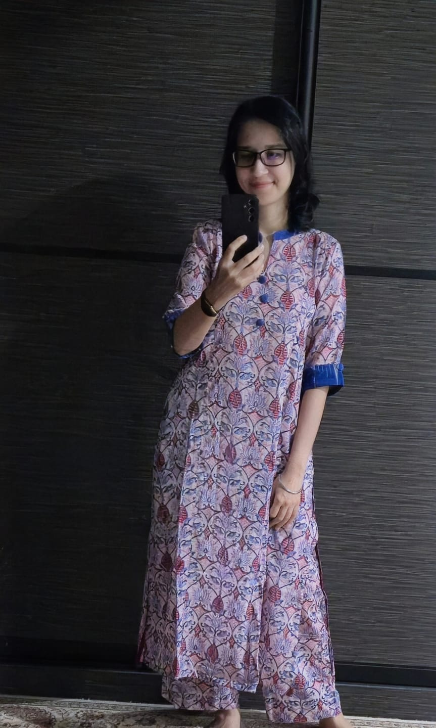 Customer photo review of long yoke panel kurta - rose quartz & azure blooms