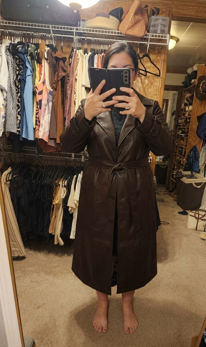 Customer photo review of Faux-Leather Belted Mid-Calf Trench Coat