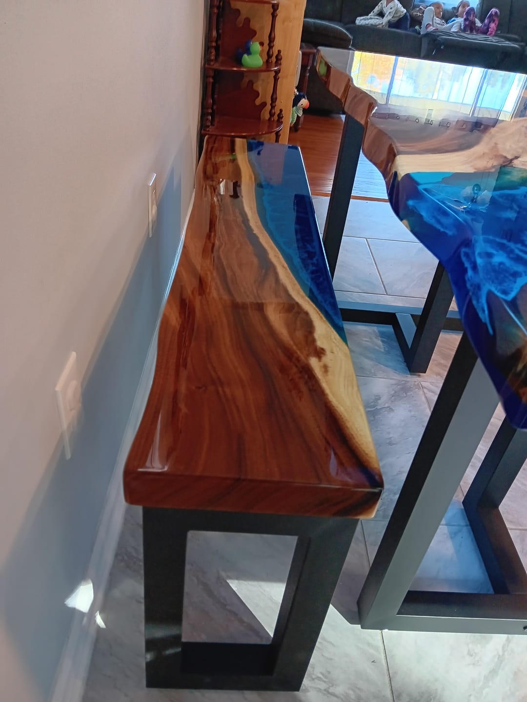 Customer photo review of Custom Walnut Ocean Wave Blue Epoxy Table & Bench Set