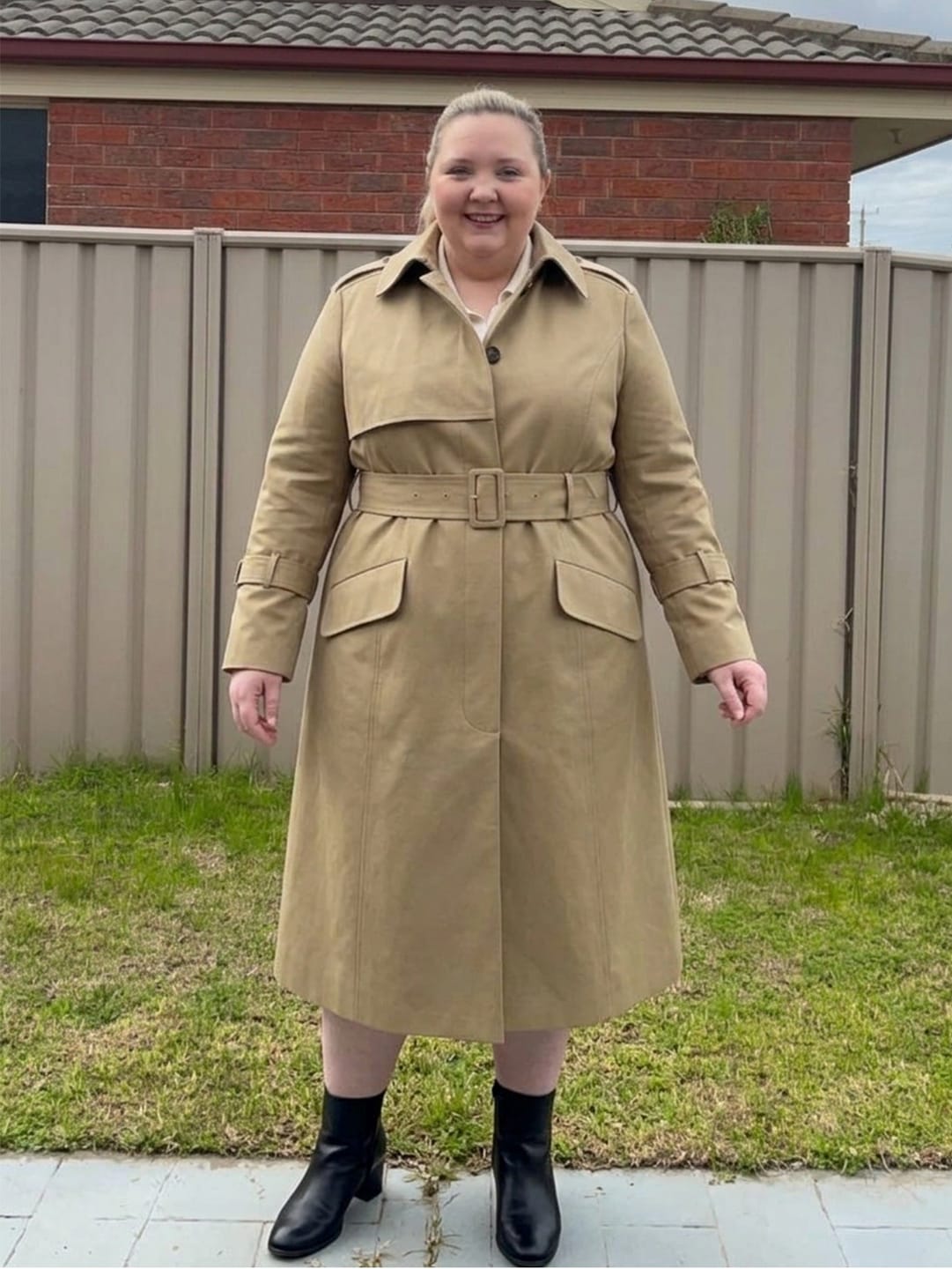 Customer photo review of Mid-Length Trench Coat with Fold-Over Collar
