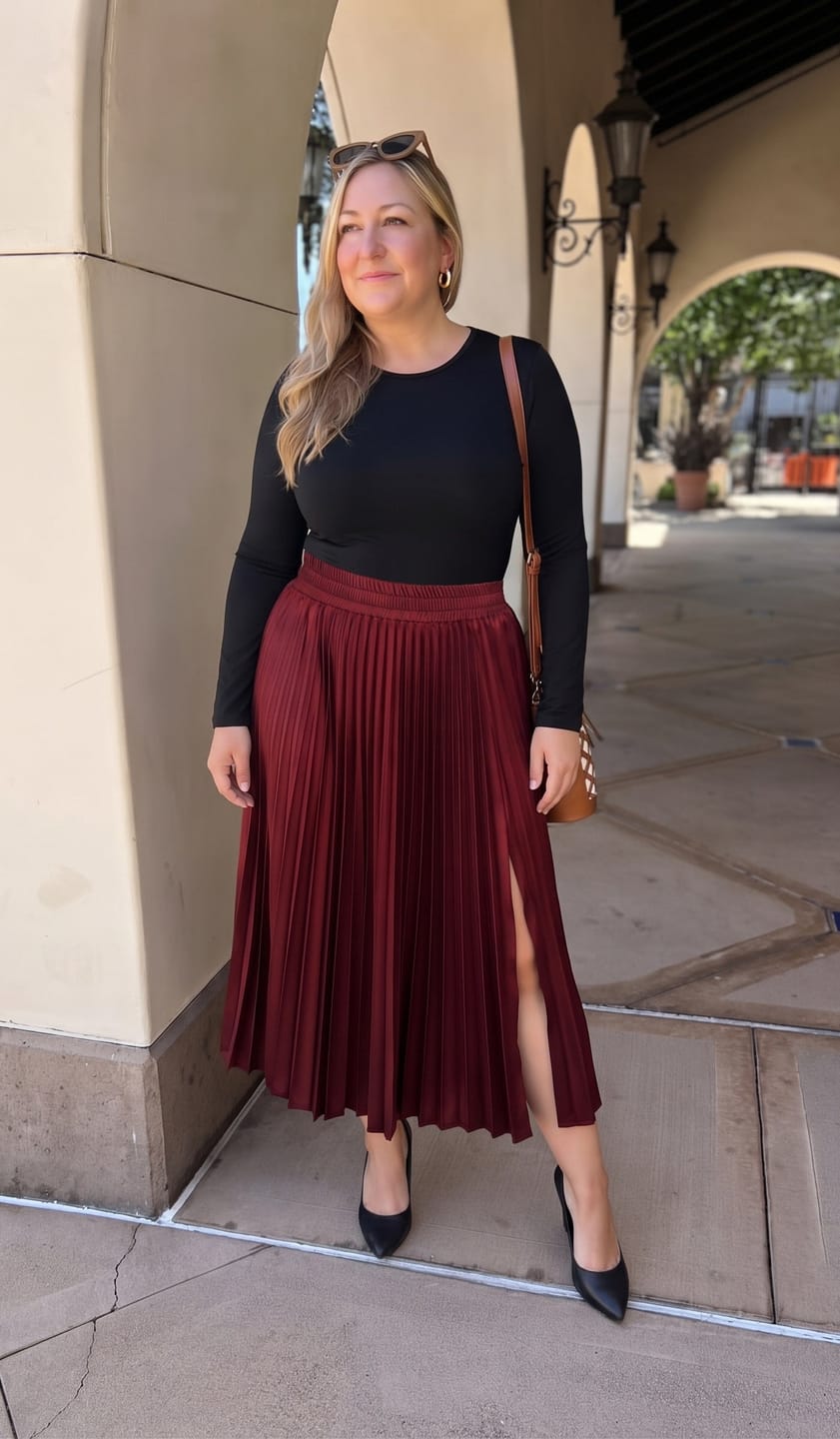 Customer photo review of Satin Pleated Midi Skirt with a High Slit