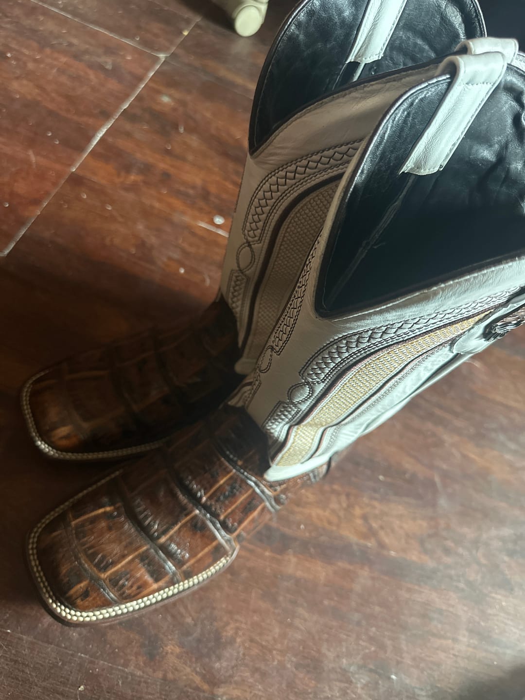 Customer photo review of Rustic Cognac Caiman Belly Leather Boots - Square Toe
