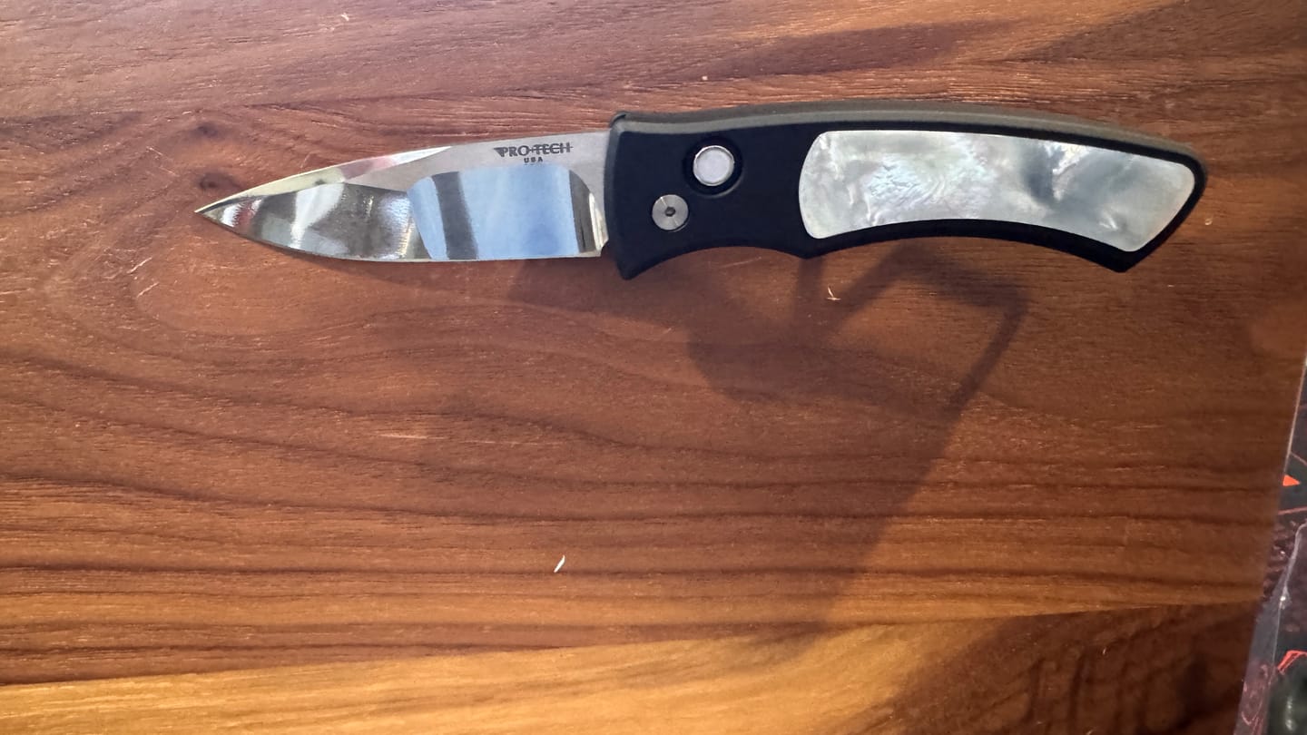 Customer photo review of Pro-Tech Duke 2 Custom, Blade Show West 2026 Exclusive, 2.7" Mike Irie Mirror Polished Blade, Black Aluminum with White Pearl Inlay - Made in USA (BSW26.Duke.1)