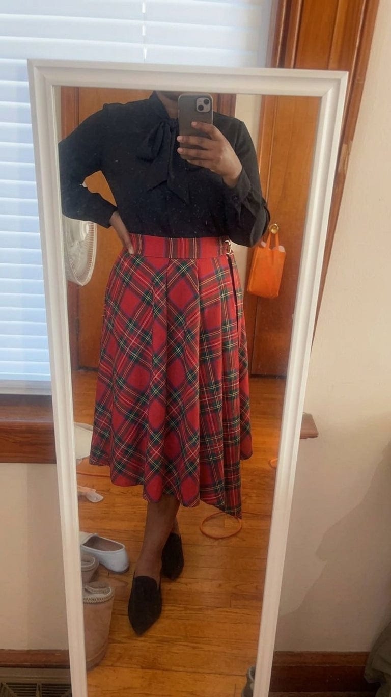 Customer photo review of Plaid Asymmetrical-Hem Wrap Skirt with Pockets