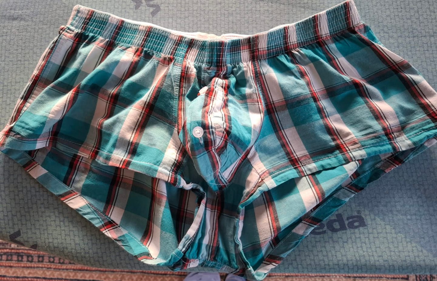 Customer photo review of Mens Plaid Front Pouch Boxer Shorts