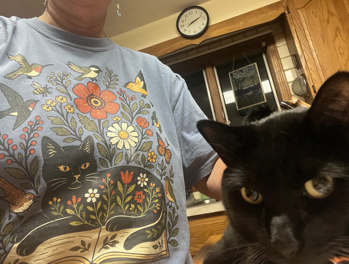 Customer photo review of Cats, Books & Birds T-Shirt