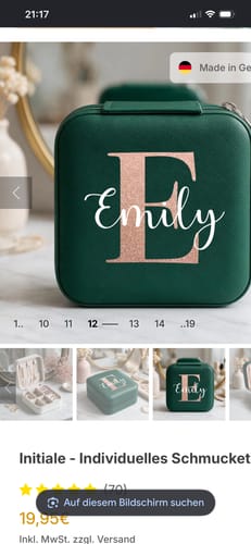 Customer's dunkelgrünes Initiale Schmucketui aus Kunstleder mit der roségoldenen Personalisierung 'Emily'