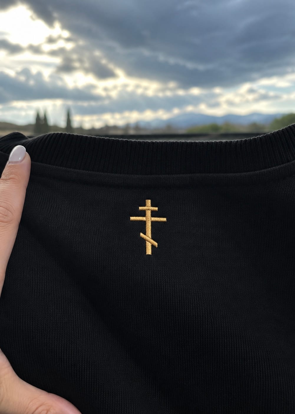 Customer photo review of Byzantine Cross Crewneck Sweatshirt — Black