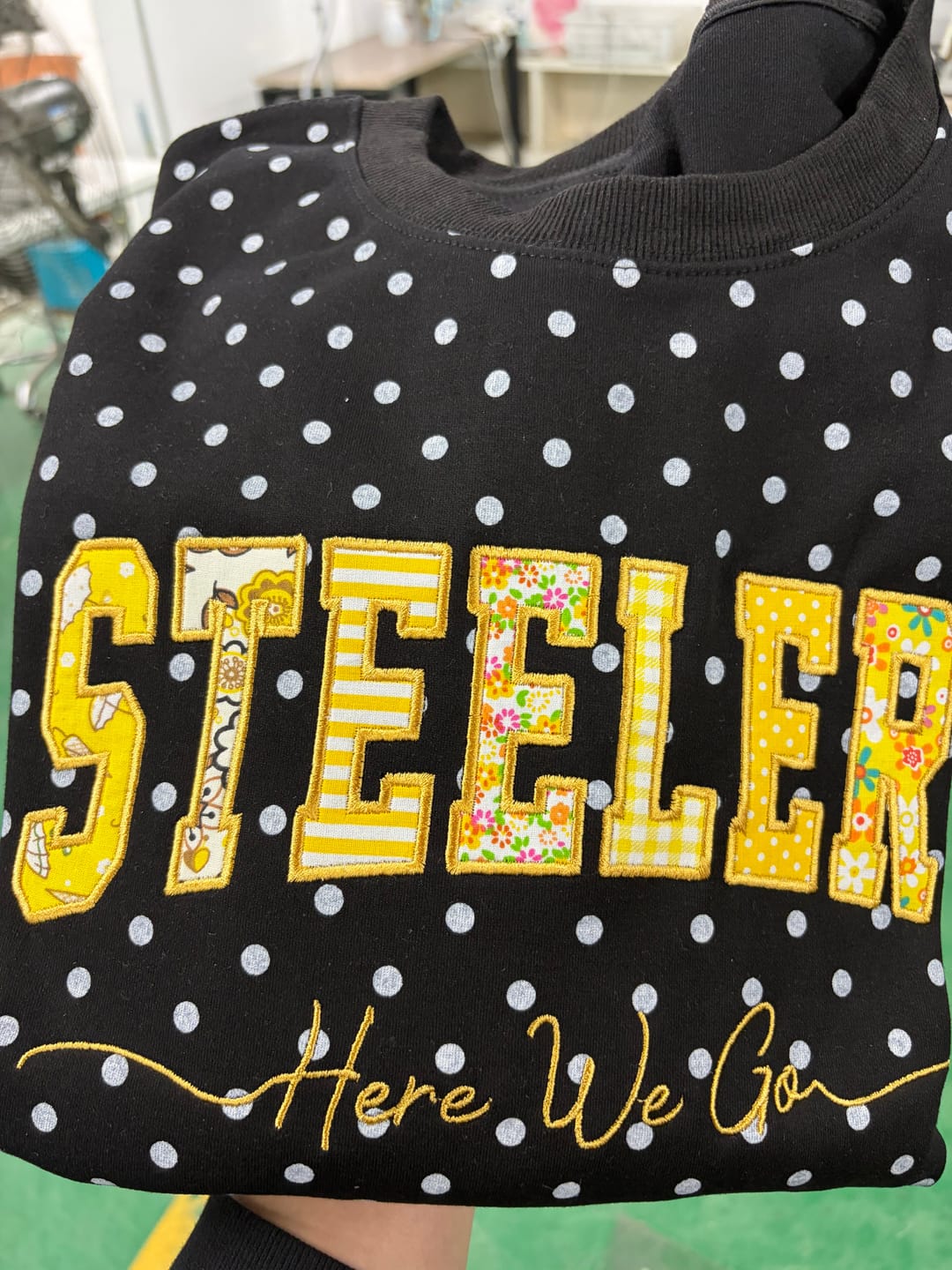 Customer photo review of Custom Patchwork Fabric Embroidered Polka Dot Sweatshirt Team and School Name Applique Varsity Letters | Game Day Wear