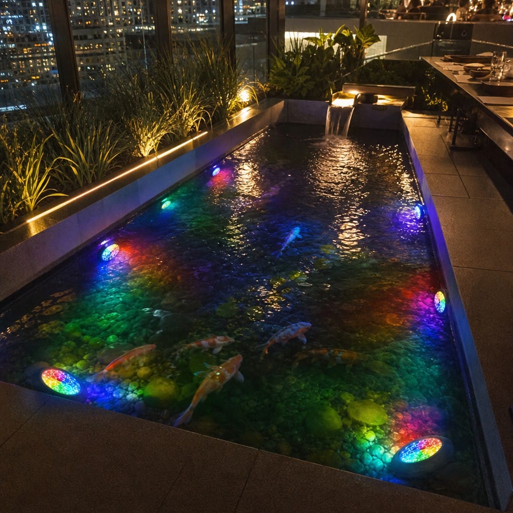 Customer photo review of Pond LED Lights UK – Submersible Colour Changing Kit | Koi Pond