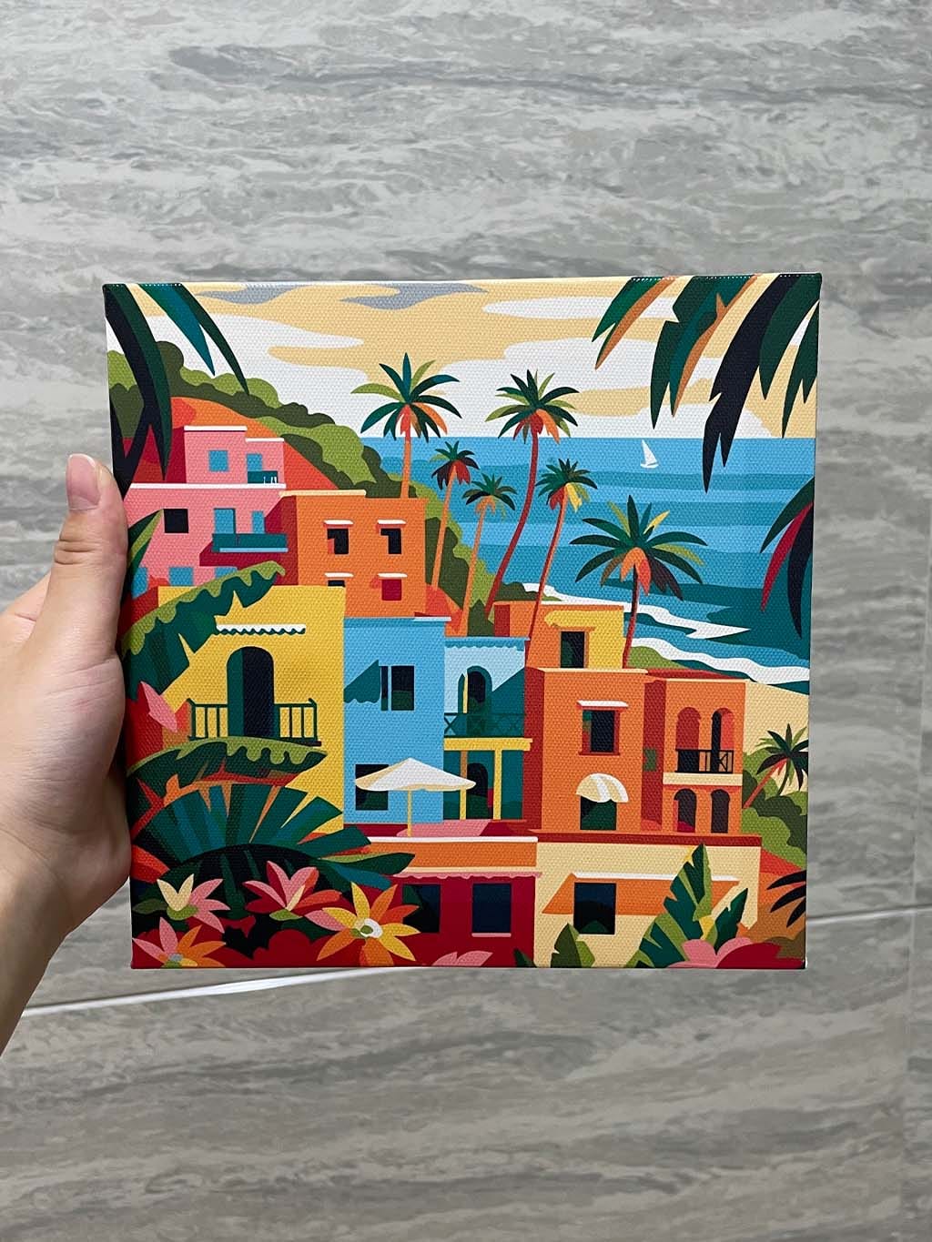 Customer photo review of Mini Peinture par Numéros 20x20cm avec cadre Ville côtière marocaine