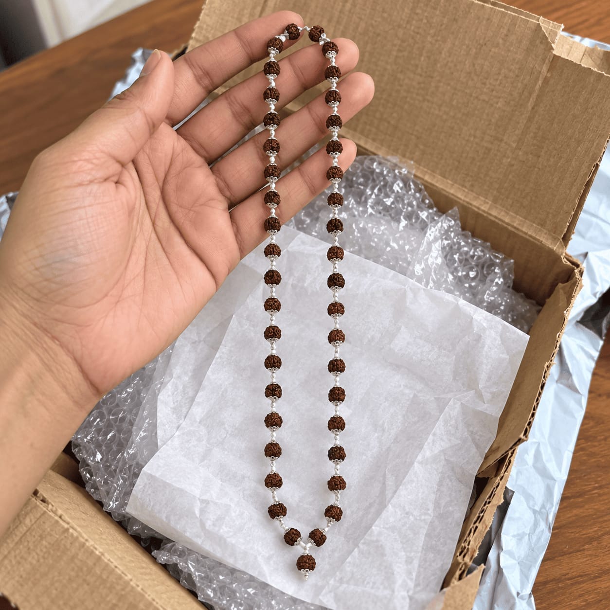 Customer photo review of Rudraksha Silver Mala