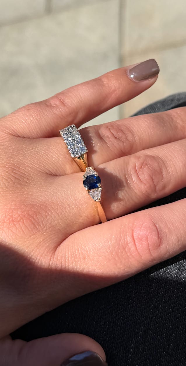Customer photo review of Vintage 14k Yellow Gold .93ct Blue Sapphire Diamond Three-Stone Ring 8.25