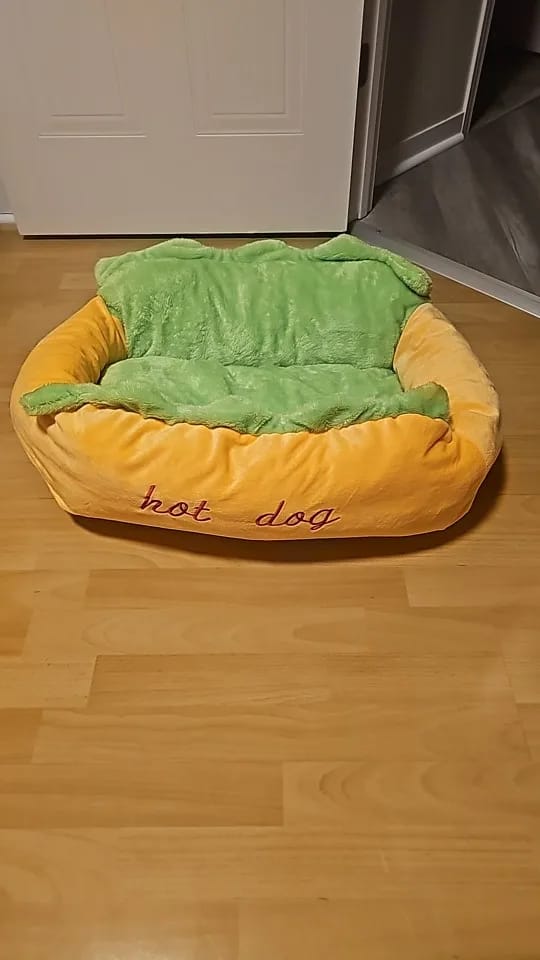 Customer photo review of Hot Dog Shaped Plush Pet Bed for Cats and Dogs