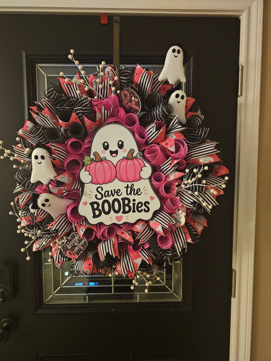 Customer photo review of Save the BOOBies Pink Ghost Sign, MF-W-0075, 12in Sign For Wreath, Wood Wreath Sign