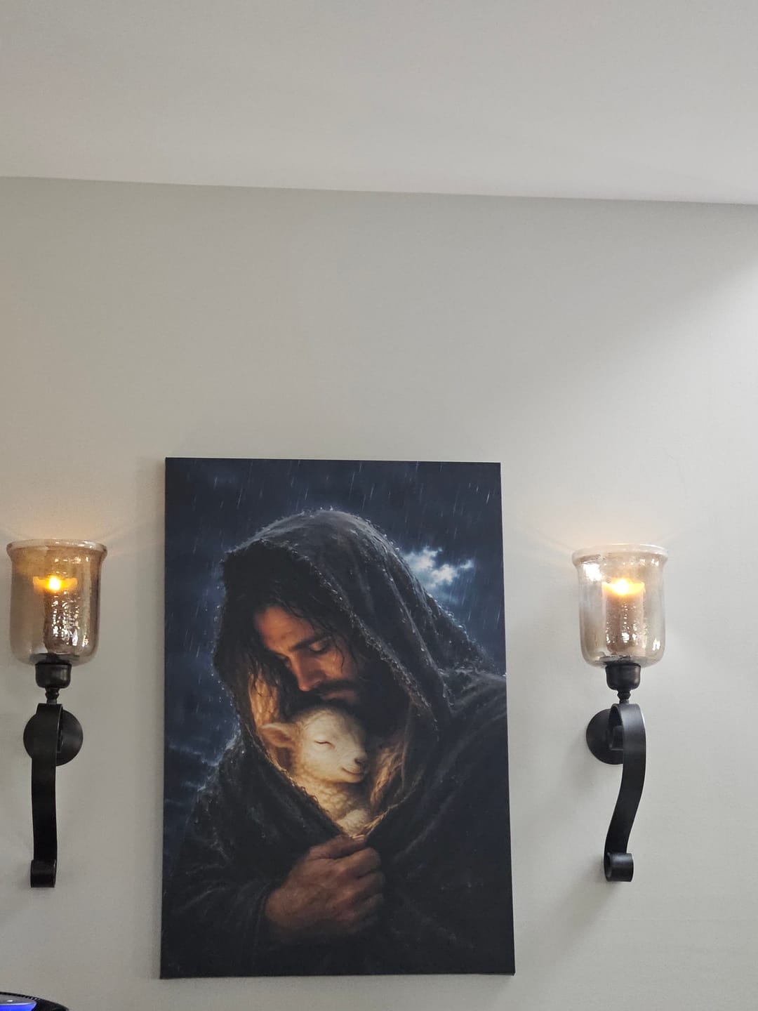 Customer photo review of The Good Shepherd Shelters His Lamb In The Rain – Luke 15 – Christian Wall Art Canvas
