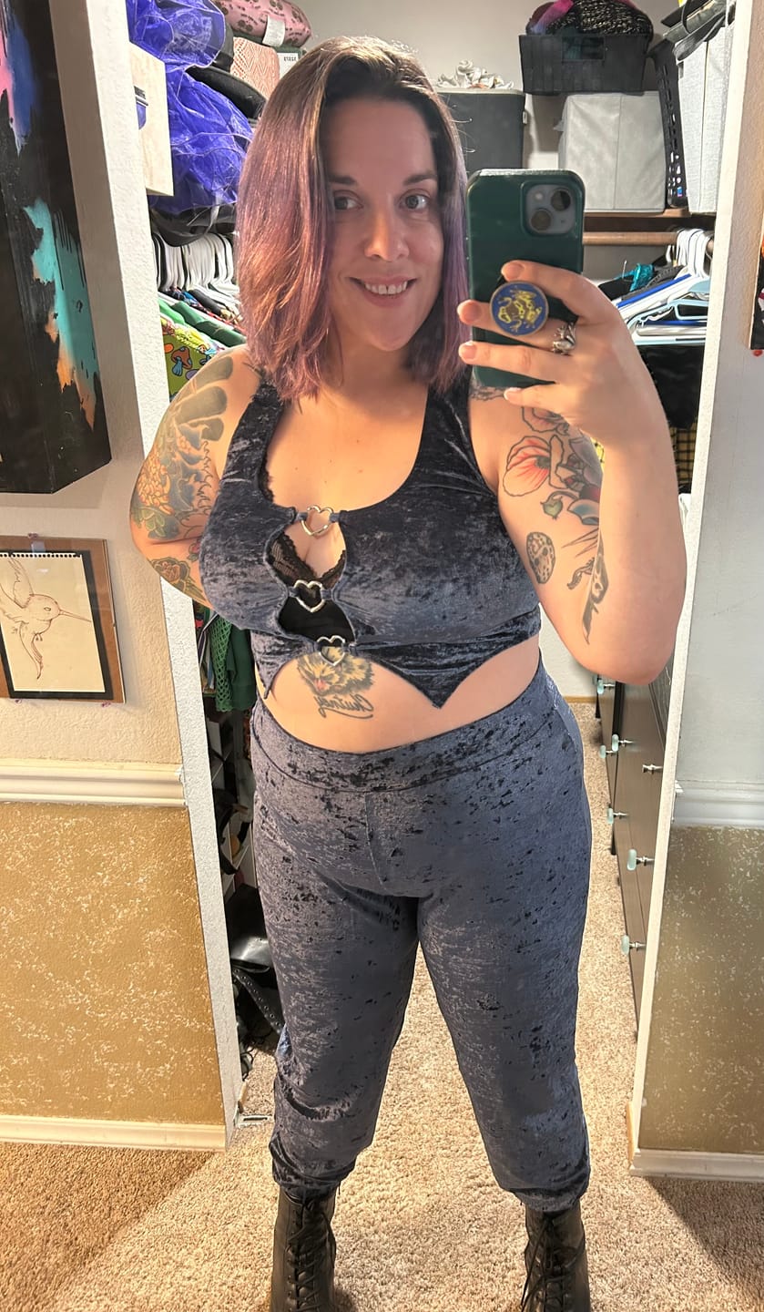 Customer photo review of Nightshade Triple Ring Halter Top - Blue Velvet