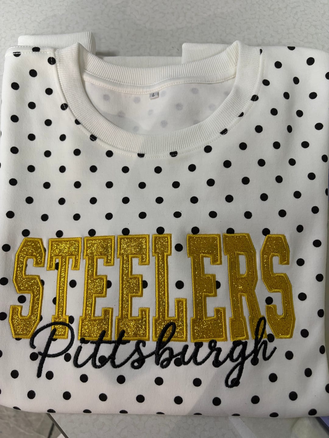 Customer photo review of Custom Embroidered Glitter Vinyl Team Polka Dot Sweatshirt - Game Day Best Gear | Gifts for Sports Mom | Game Day Wear