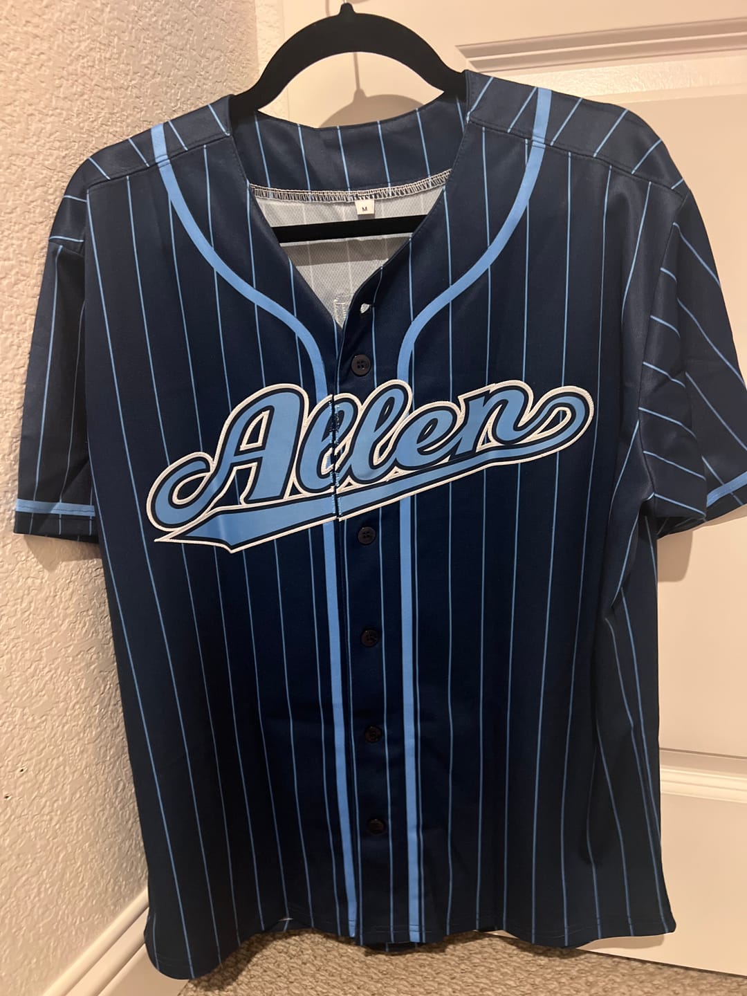 Customer photo review of Custom Navy Light Blue Stripe Fashion Design Full Button Authentic Baseball Jersey
