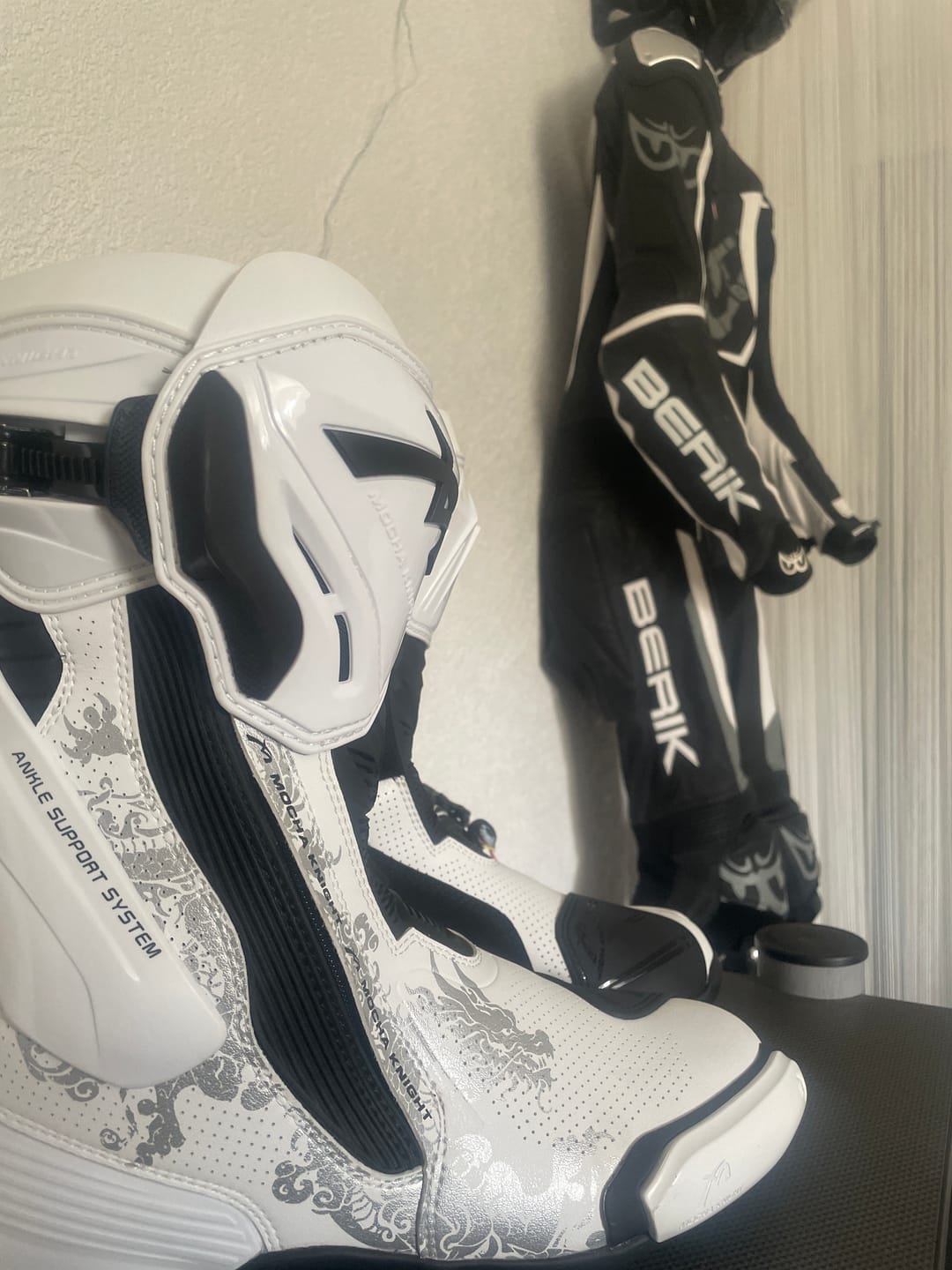 Customer photo review of White Motorcycle Boots – Silver Dragon Edition