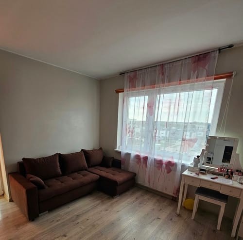 Kliento ruda kampinė sofa Baldo užnešimas jaukioje gyvenamojoje patalpoje prie lango
