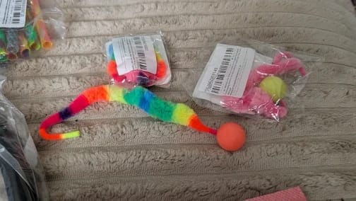 Customer photo review of Bouncy Cat Toy Balls with Fuzzy Worm Tails