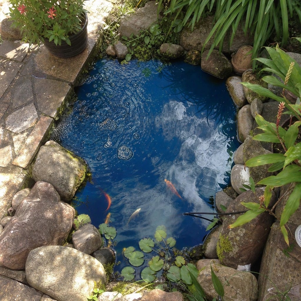 Customer photo review of Blue Pond Dye UK – Fish-Safe Algae Control | 250ml–1L