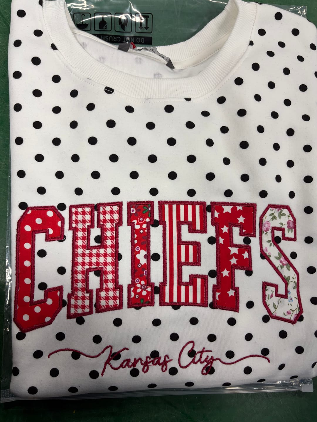 Customer photo review of Custom Patchwork Fabric Embroidered Polka Dot Sweatshirt Team and School Name Applique Varsity Letters | Game Day Wear