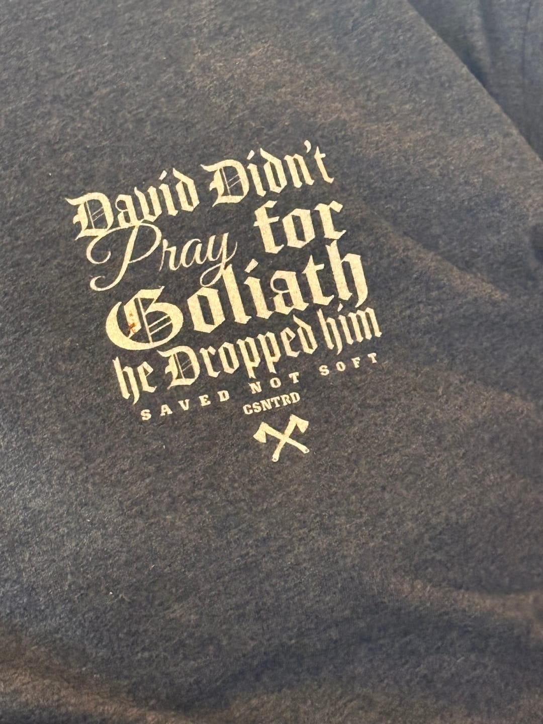 Customer photo review of David Didn’t Pray for Goliath T-Shirt