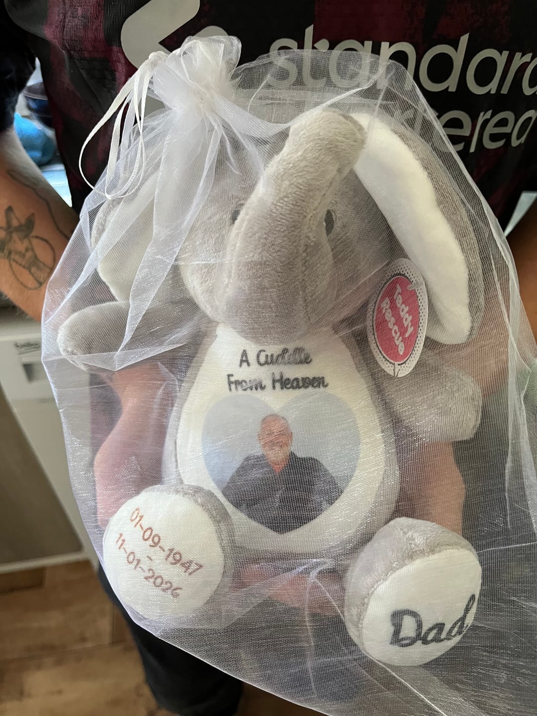 Customer photo review of A Cuddle from Heaven Personalised Photo Teddy Bear