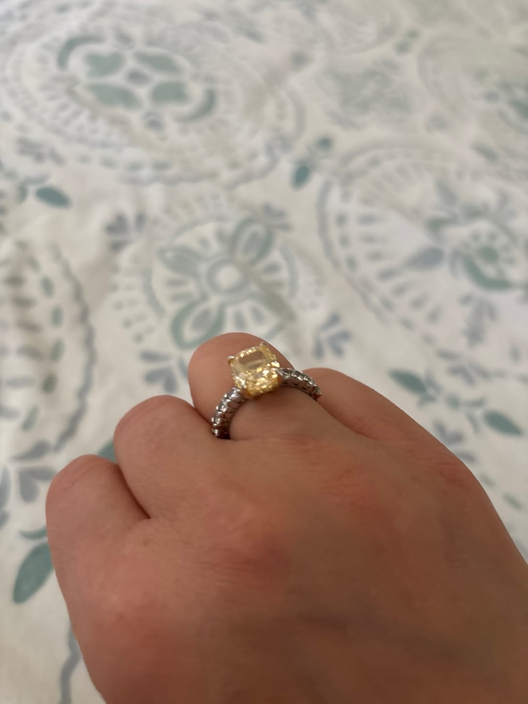 Customer photo review of Louily Stunning Two-tone Cushion Cut Yellow Sapphire Engagement Ring