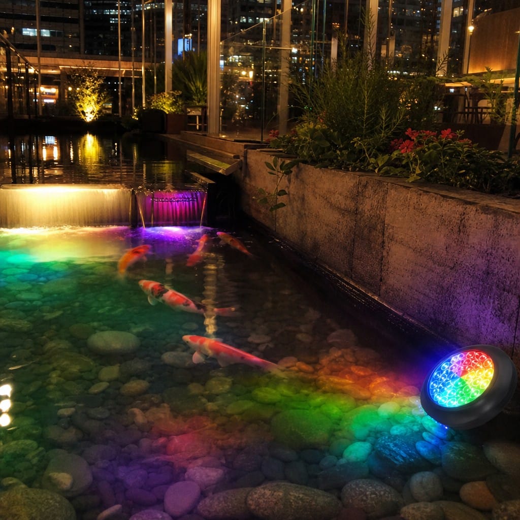 Customer photo review of Pond LED Lights UK – Submersible Colour Changing Kit | Koi Pond