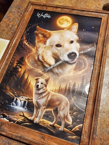 Customer's framed Dog Howling to the Moon personalized poster featuring a light-colored dog in a moonlit forest setting.