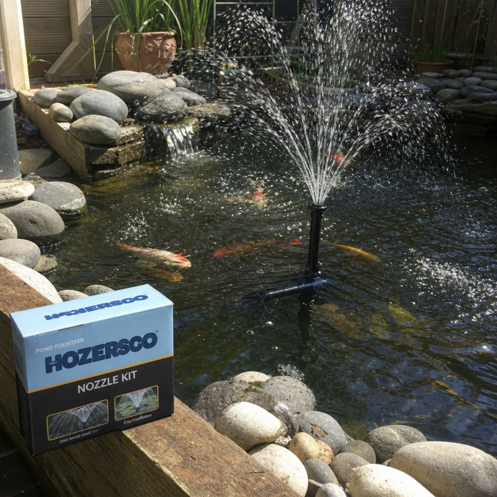Customer photo review of Pond Fountain Nozzle Kit UK | 8 Spray Patterns | Fits Most Pumps | Koi Garden Pond