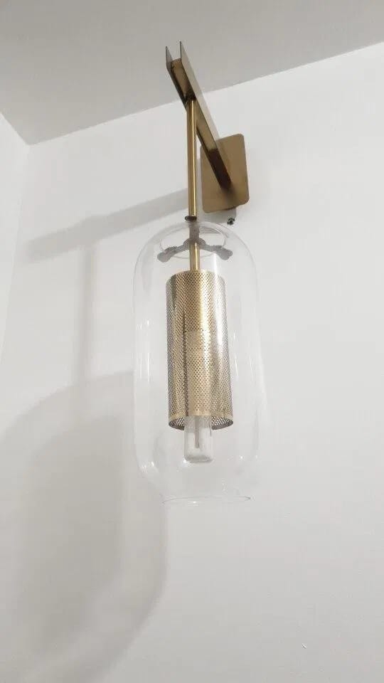 Customer photo review of Gold Tone Glass Wall Light with Hanging Cylinder Shade