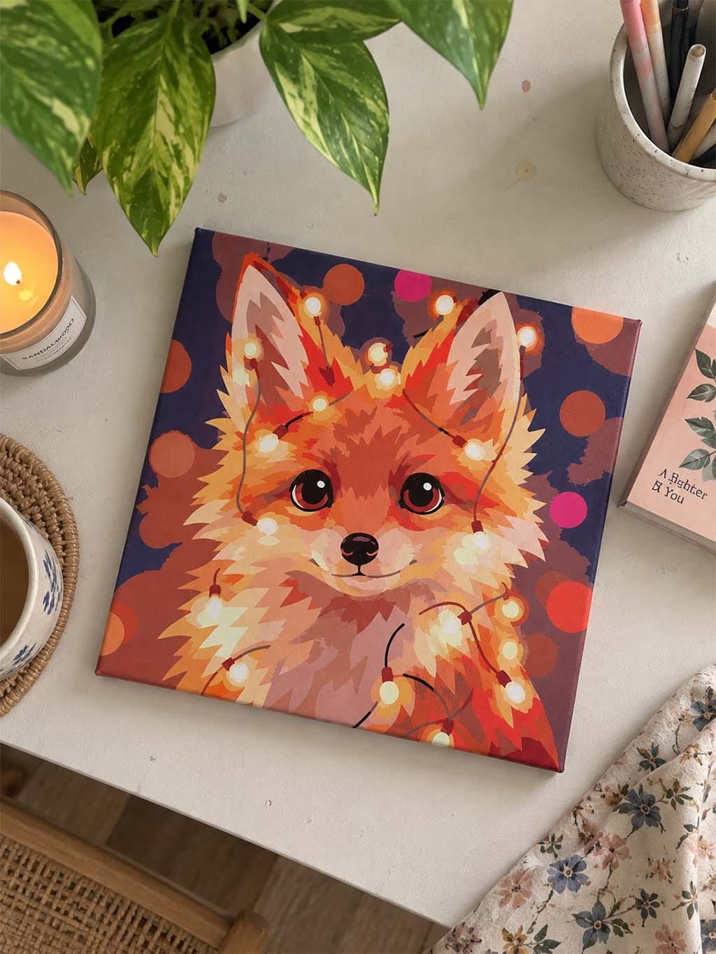 Customer photo review of Mini Peinture par Numéros 20x20cm avec cadre Petit renard et guirlande éclairée